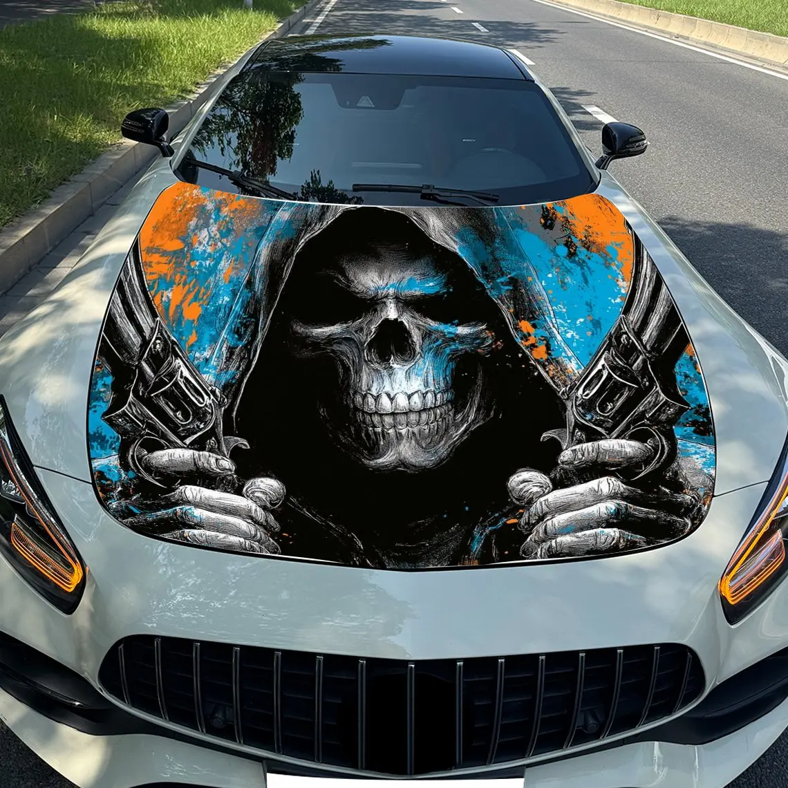

Пистолет с черепом, обертка на капот автомобиля, красочная виниловая водонепроницаемая наклейка для грузовиков, декоративная графика капота и автоаксессуары H