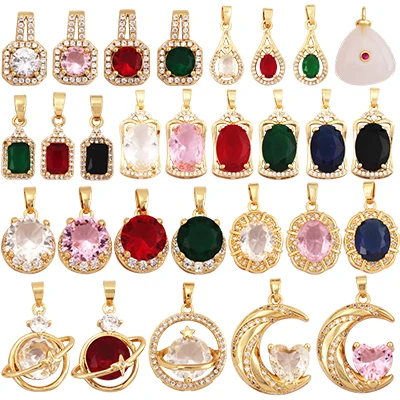Newest Trendy Geometry Mixture Style Charm Jewelry Findings,Fashion 18k Gold Inlaid Rainbow Zirconia Necklace Pendant Supply L39