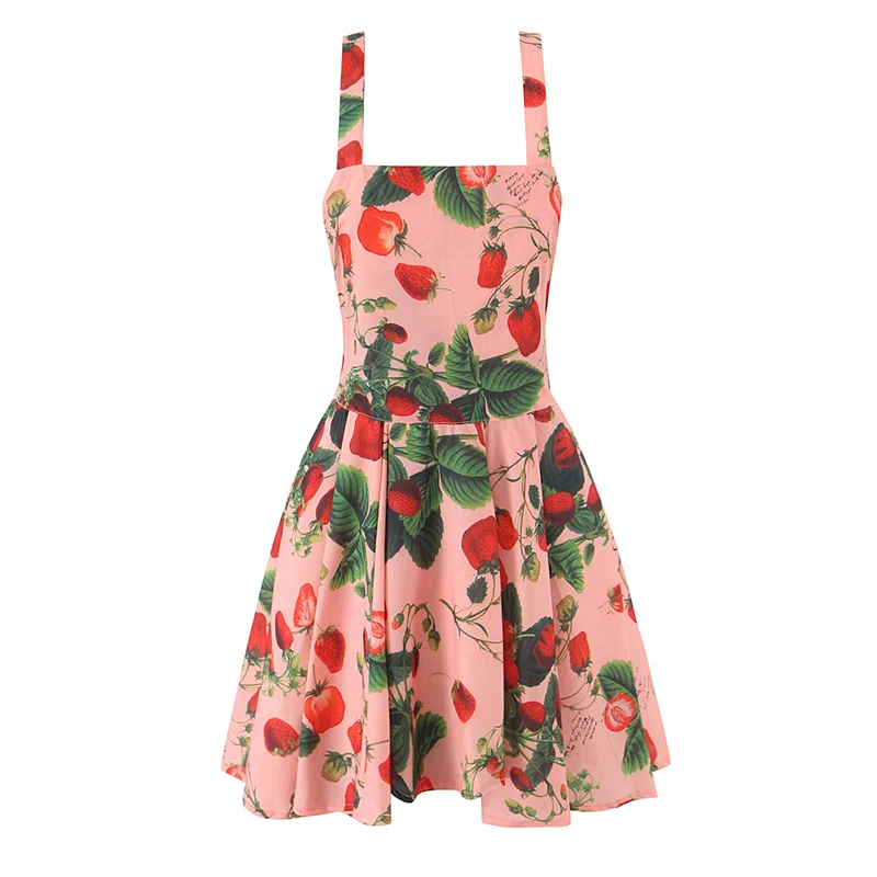 YENKYE Strawberry Print Square Collar Sexy  Backless Mini Tank Dress Women Pleated Hem A-line Short Summer Dresses Holiday Robe