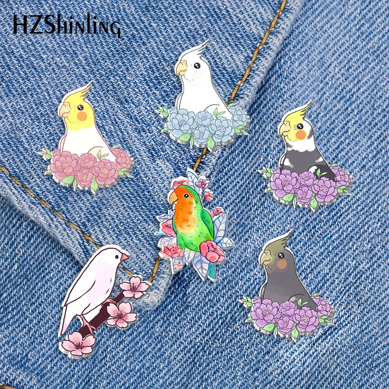 2022 New Flower Budgie Acrylic Lapel Pin Sakura Finch Epoxy Butterfly Clasp Pin Handmade Butterfly Brooch