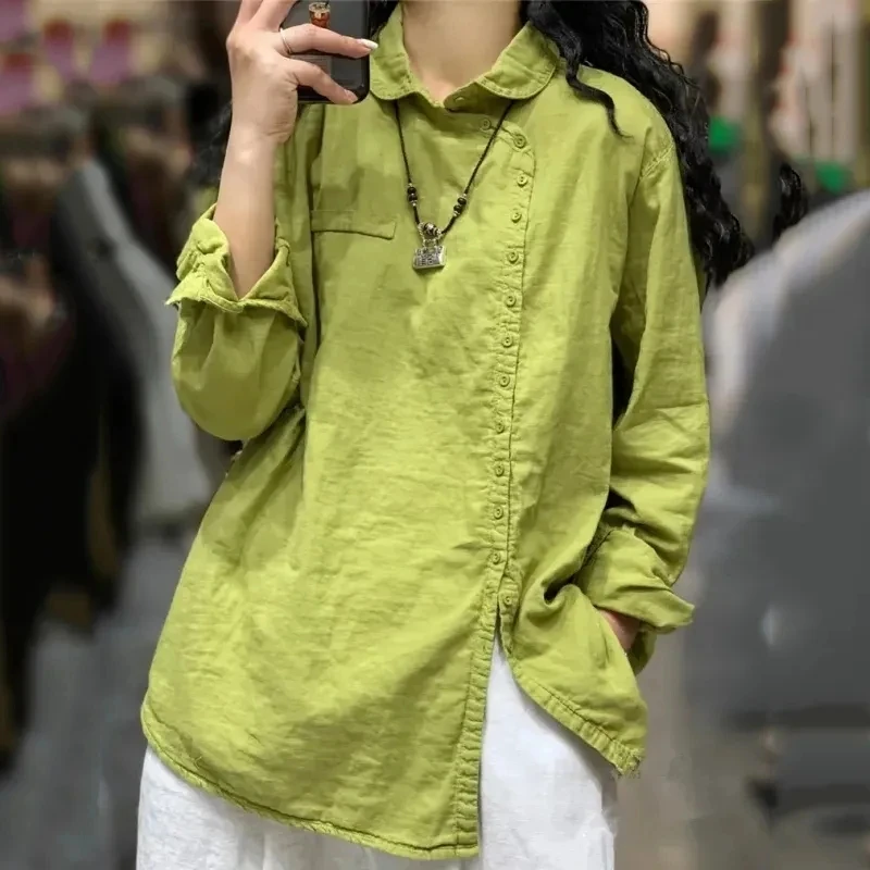 2024 Spring Summer Women\'s Cotton And Linen Shirt Solid Color Ladies Blouse Long Sleeve Versatile Leisure Lady Shirts Tops