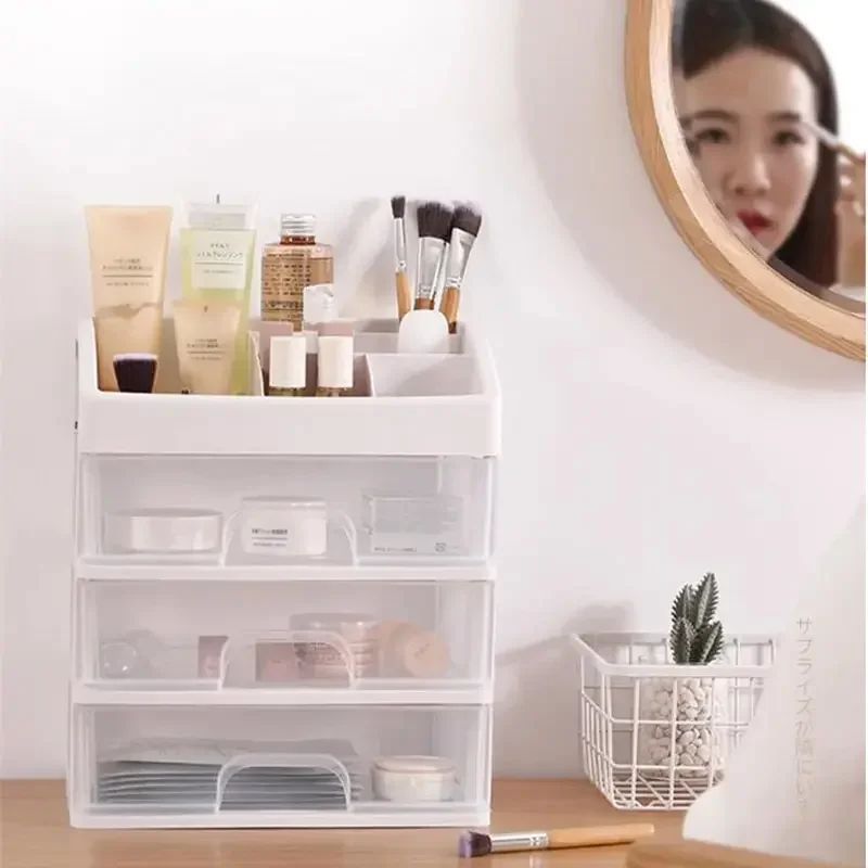 

1pc Transparent Plastic Four Layer Three Drawer Desktop Drawer Style Cosmetic Storage Box Dressing Table Storage Rack