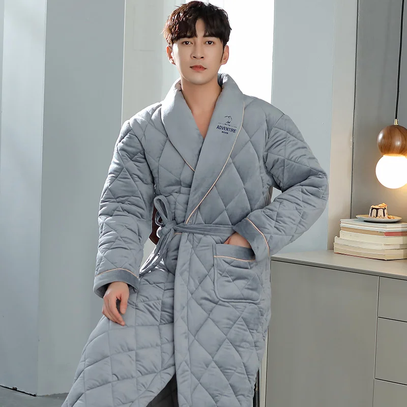 Thick 3 Layers Warm Winter Bathrobe Men Soft Cotton Quilted Long Kimono Bath Robe Male Dressing Gown for Mens Flannel Robe