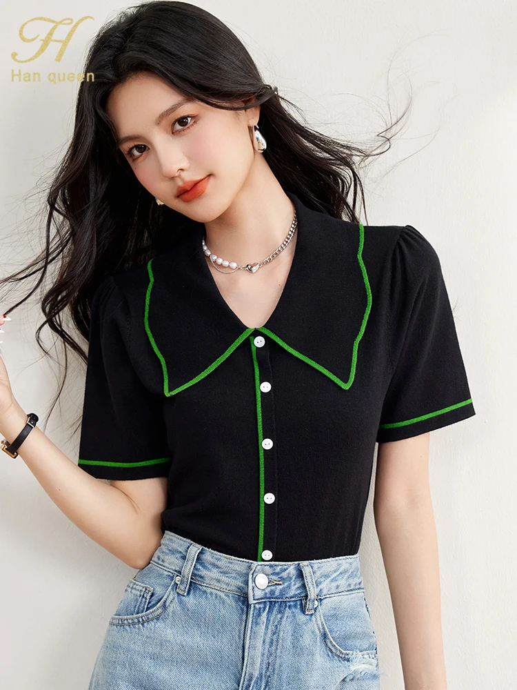 H Han Queen Summer Clothing Basic T-Shirts Women Elegant Knitting Vintage Work Casual Tops Korean Short Sleeve Tees Loose Blouse