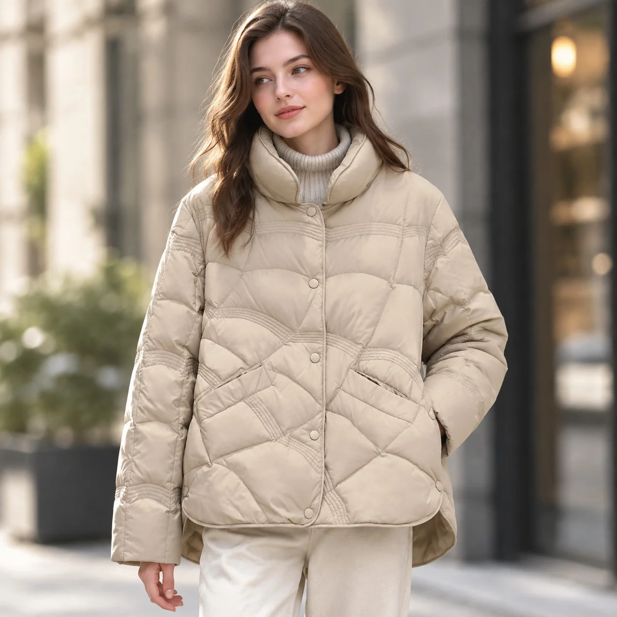 Loose Fit Coat Long Sleeves with Stand Collar Single Breasted Button Closure Women Commuter Chic Medium Thickness Puffer Jacket