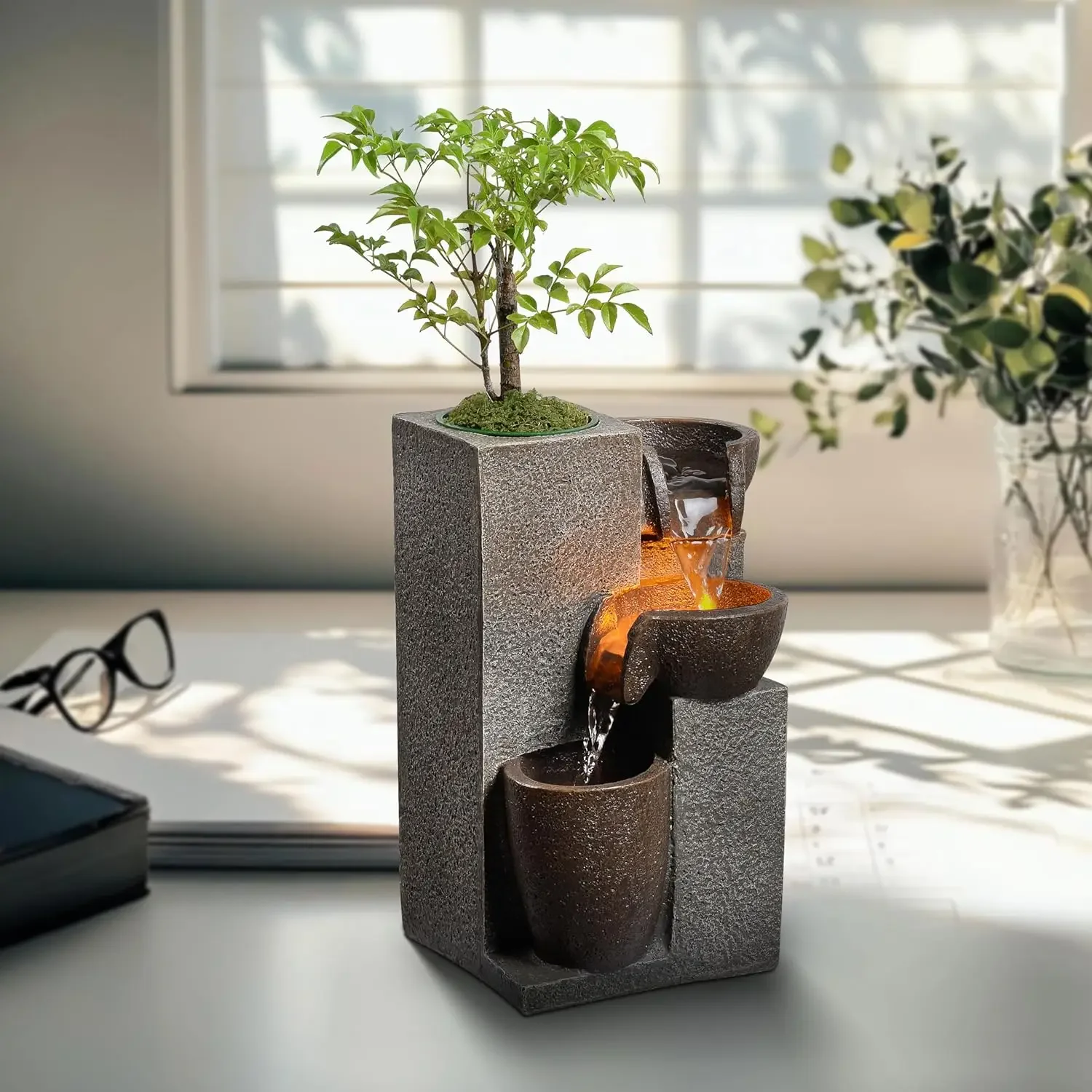 

LED Waterfall Fountain with Plant Pot, Indoor Desk Decor for Home Office, Relaxing Sound, 22028N
