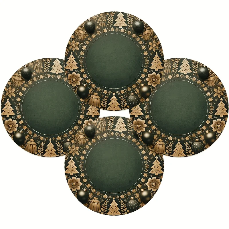 VIKAMA Dark Green Gold Scroll Round Placemat, Non Slip Washable Heat Resistant Mat, Luxury Christmas Holiday Kitchen Decor
