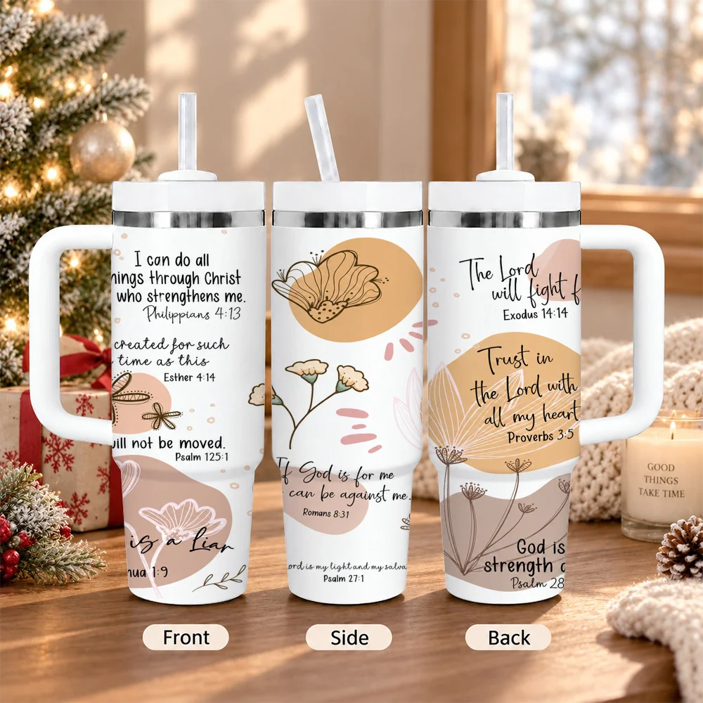 Boho Bible Verse Vacuum Flasks 40oz Insulated Stainless Steel Tumbler with Handle & Straw, Hot Cold Gift Cup
