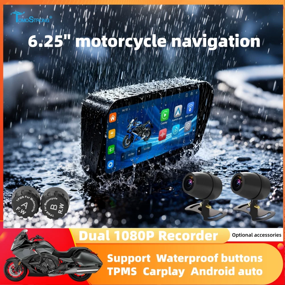 

6.25 inch 1560*720 Motorcycle GPS Navigation IP67 Waterproof Wireless Car play Android Auto moto Monitor TPMS DVR Drive Recorder