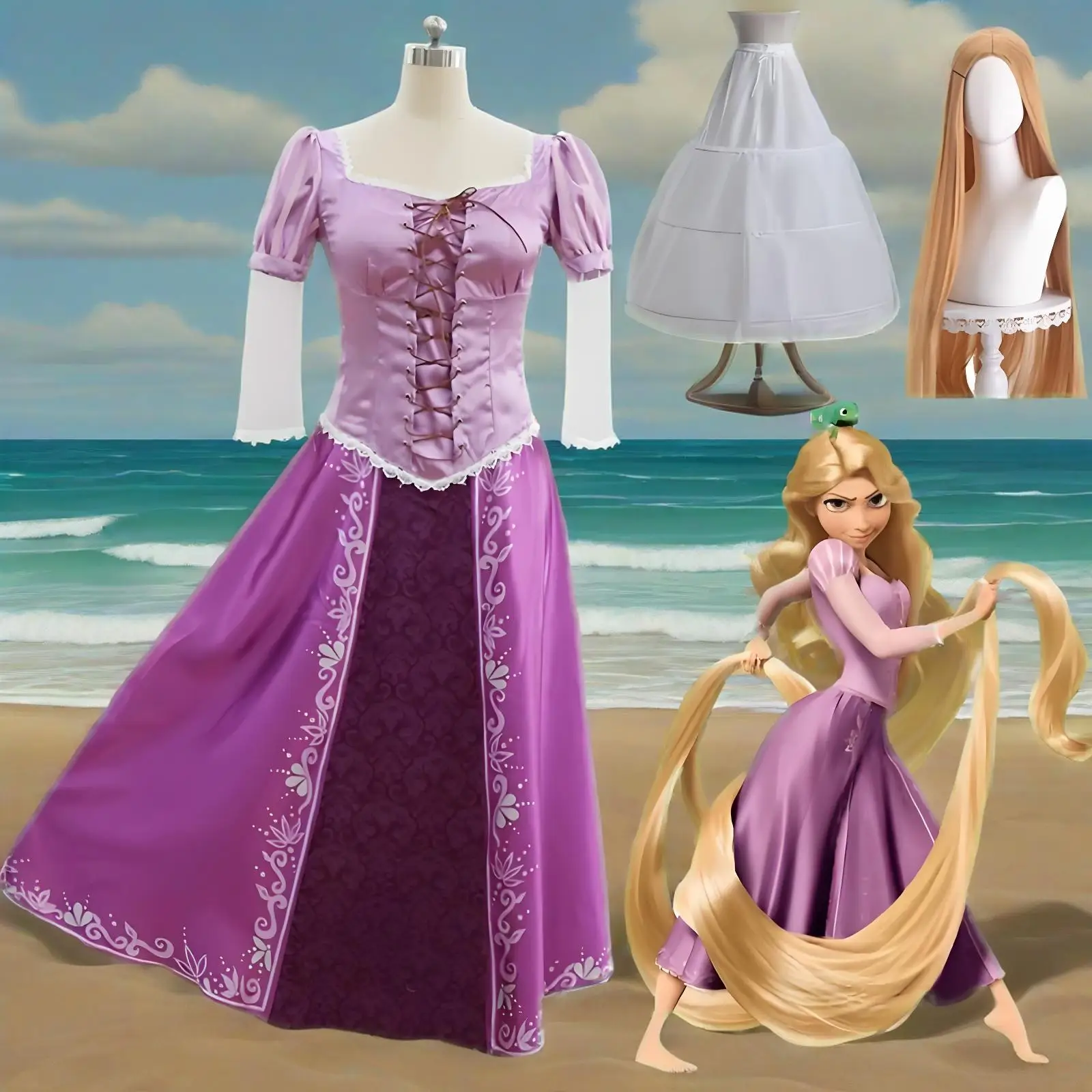 Tangled Rapunzel Damen-Prinzessin-Kostüme mit langen Haaren, Cosplay-Kostüm, Karnevalsuniform für Erwachsene, Halloween-Kostüme