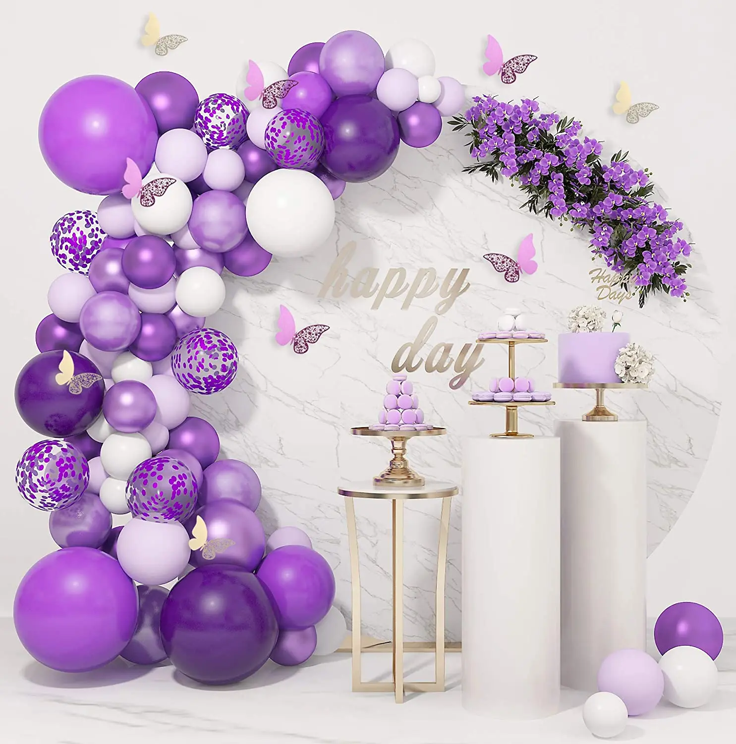 138PCS Purple Balloons Garland Arch Kit Light Pastel Purple Gold Balloon for Baby Shower Wedding Butterfly Birthday Party Decor