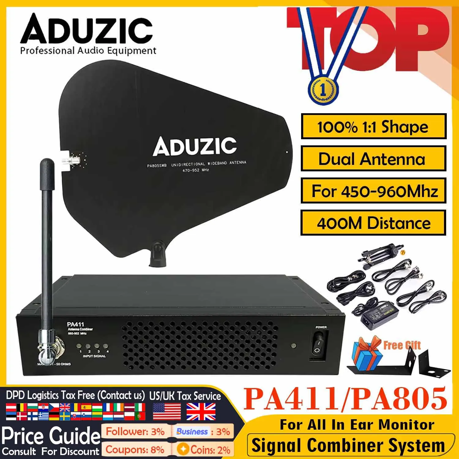 ADUZIC PA411 Antenna Distribution For In-Ear Monitor System PA805 Dual Antenna Passive 450-960Mhz Antena RF Signal Combiner