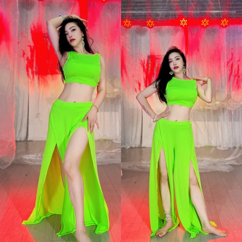 

Индивидуальная женская одежда для танца живота, тренировочный наряд, костюм для восточного танца, сексуальный жилет с завязками и широкими брюками с перекрестными разрезами, комплект