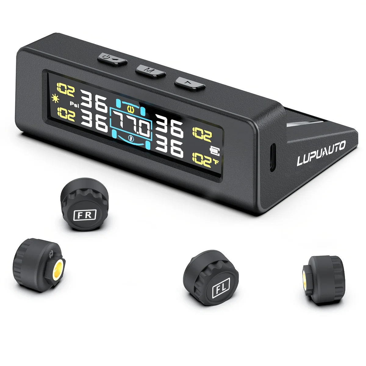 

[Wireless TPMS] 4 External Sensors Wireless Tire Pressure Monitoring System | TPMS Kit Real-Time Pressure & 6 Alarm Modes, For SUV, MPV, Pickup & LCD Digital Display Tire Pressure Gauge, USB Charging Solar Powered