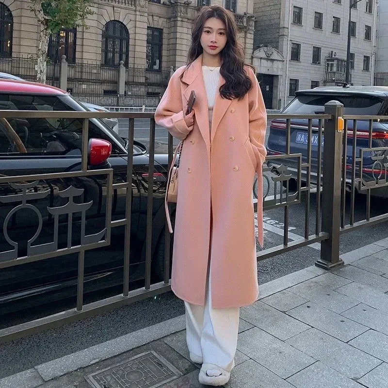 

Belt Faux Woolen Coat Women Full Sleeve Double Breasted Notched Female Long Jacket 2023 Autumn Fashion Loose Causal Lady Outwear