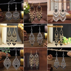 Bohemian Black Texture Water Drop Earrings for Women Ethnic Vintage Long Geometric Alloy Dangle Earrings Party Vacation Jewelry