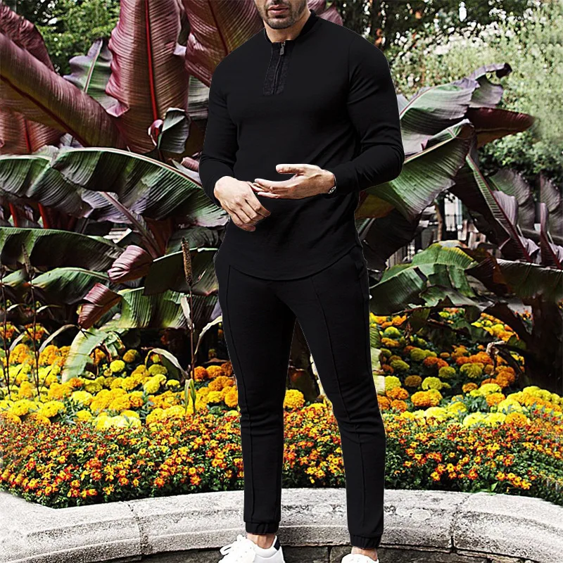 2024 Spring And Autumn New Heavy Set Men Waffle Fabric Men's Clothing V-neck Zipper Long Sleeve Pants Leisure Sports Suit