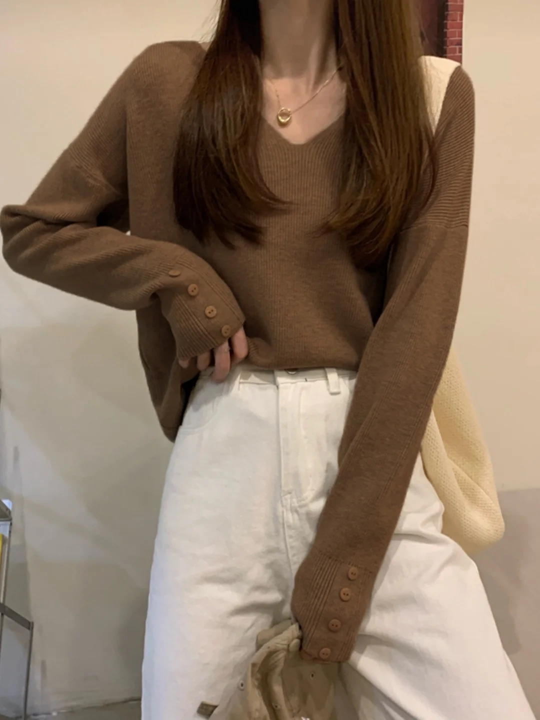 Ladies' V-Neck Knitted Sweater Button-Up Loose Base Shirt Korean Style Comfortable Breathable Long Sleeve Pure Color Top