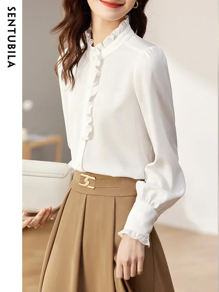 SENTUBILA Elegant Ruffled White Shirts for Women 2025 New Fashion Stand Collar Long Sleeve Chiffon Tops Office Wear 131V46907