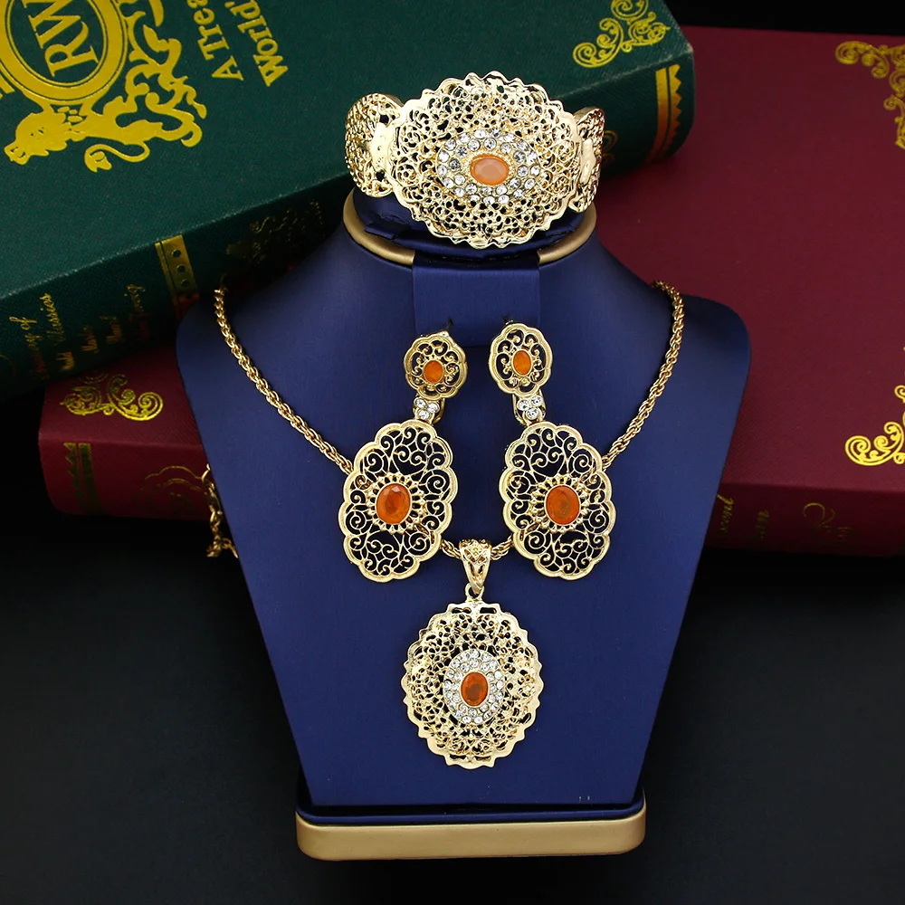 Gold Color Arabic Bride Jewelry Sets Morocco Caftan Jewelry Hollow Women Earring Bracelet Necklace Sets Algeria Wedding Bijoux