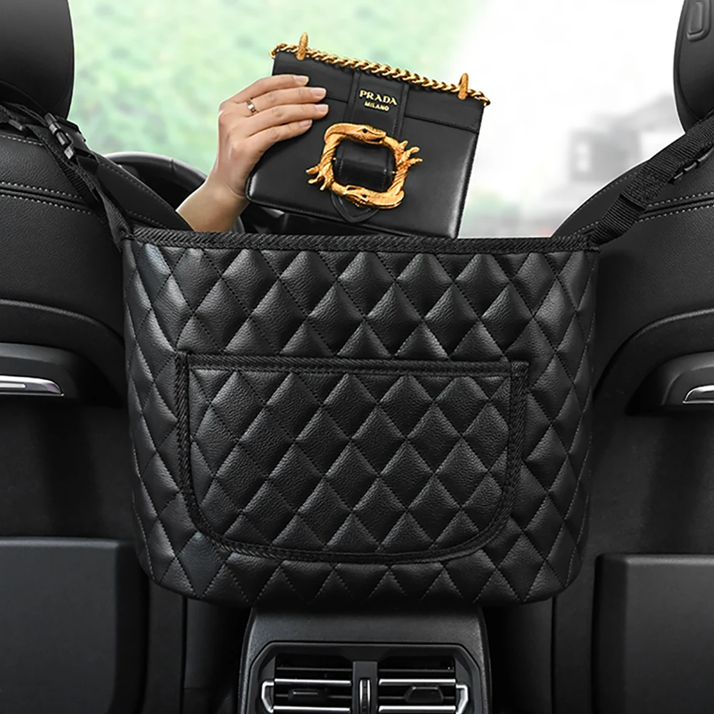 Auto-Aufbewahrungstasche, Leder-Aufbewahrungstasche zum Aufhängen, blockierende Aufbewahrung zwischen den Sitzen, Netztasche zur Autoaufbewahrung, Auto-Innenraum