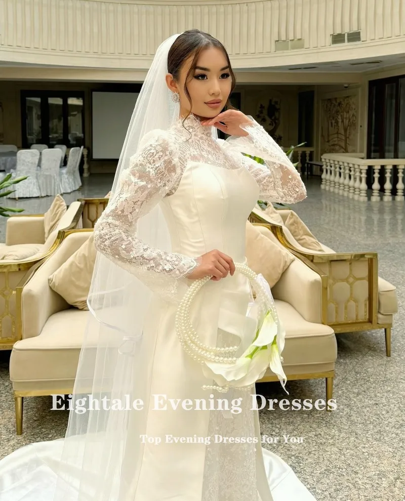فستان زفاف عربي Eightale برقبة عالية دانتيل مخصص من الساتان بأكمام طويلة فستان زفاف إسلامي حورية البحر فستان حفلات العروس #6