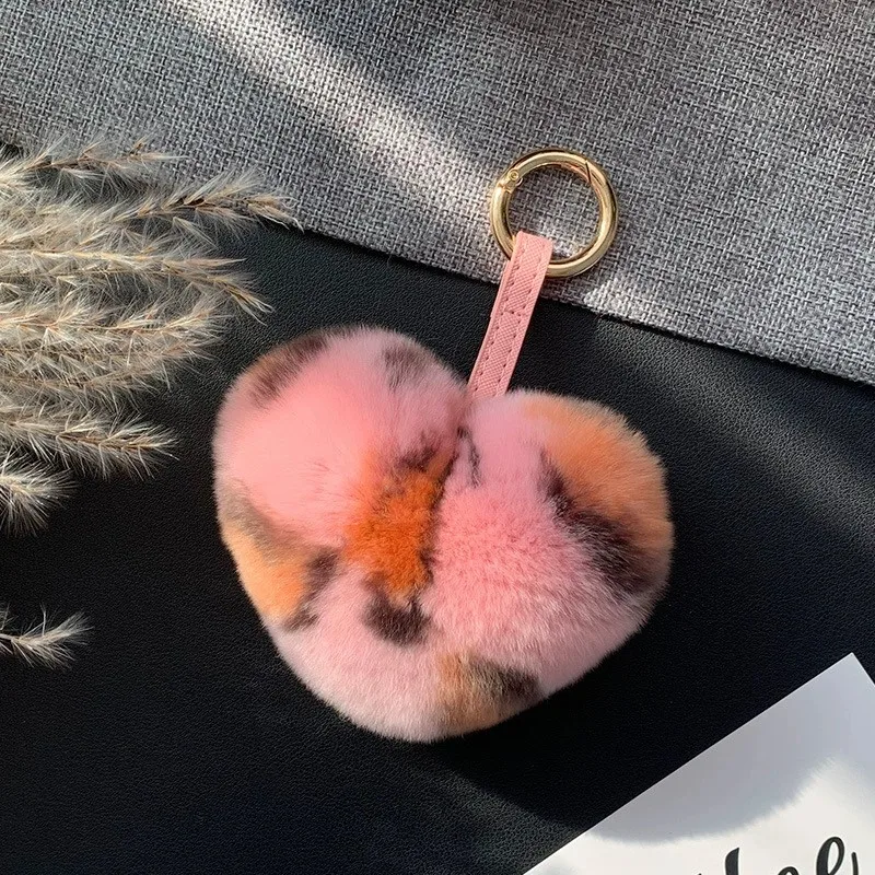 2024 Natural Real Rex Rabbit Fur Key Chain Stuffed Heart-Shaped Keychain Bag Charms Korean Car Keychain Decoration Gifts