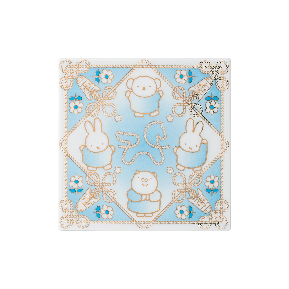 Miffy Porcelain Art Tile, Year of the Horse Zodiac, Jingdezhen Ceramic Coaster 10cm, Blue Gold Rope Knot Chinoiserie, Gift