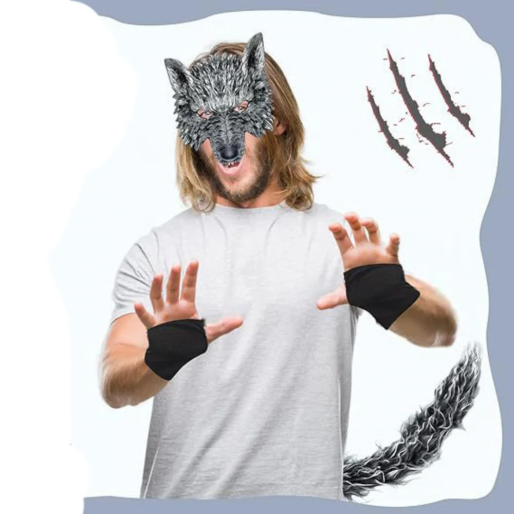 Halloween Wolf Mask Gloves and Tails Set Decor Animal Cosplay Party Masquerade Dress up Props Costume Accessories ﻿