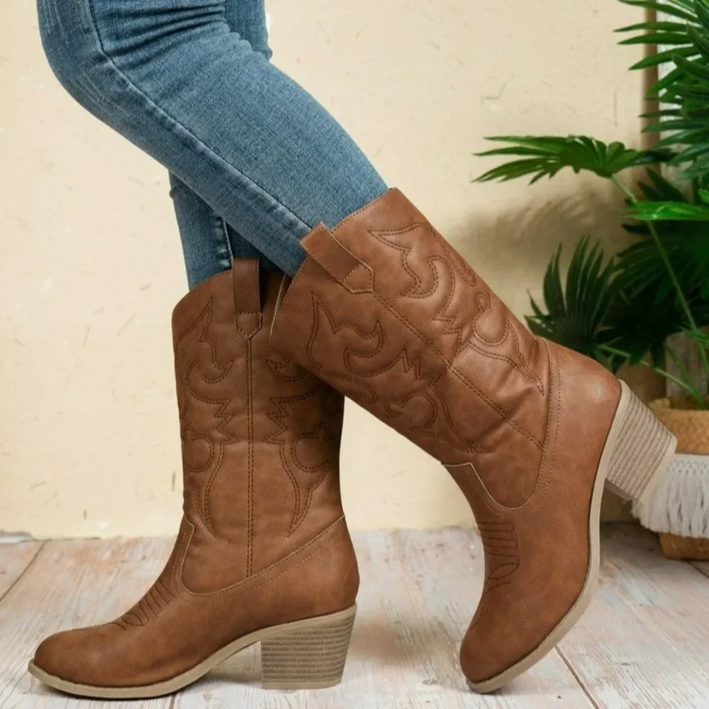 Winter 2024 Women Classic Western Knee High Boots for Girls Premium Quality Slip-on Cowboy Long Booties Autumn Heeled Toe Boots