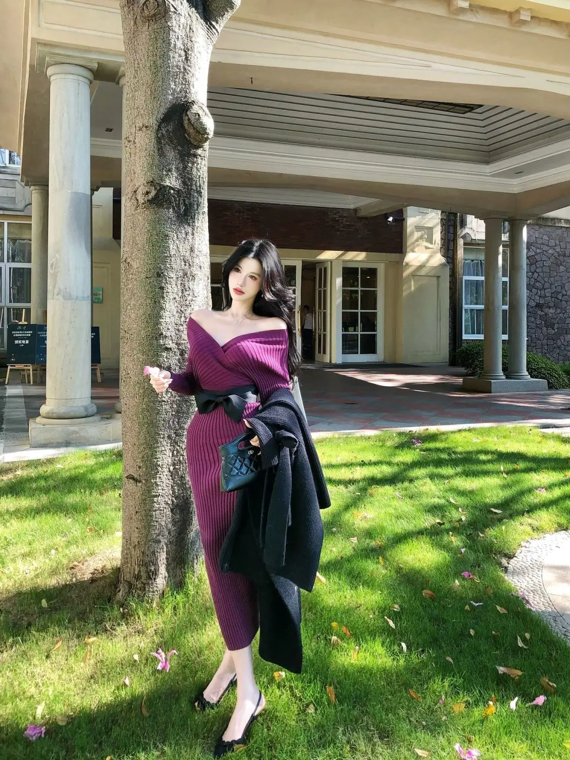 

Slimming Knitted Wrap Dress V-Neck Long Sleeve High Waist Korean Style Women's Fashionable Autumn Winter Purple Dress