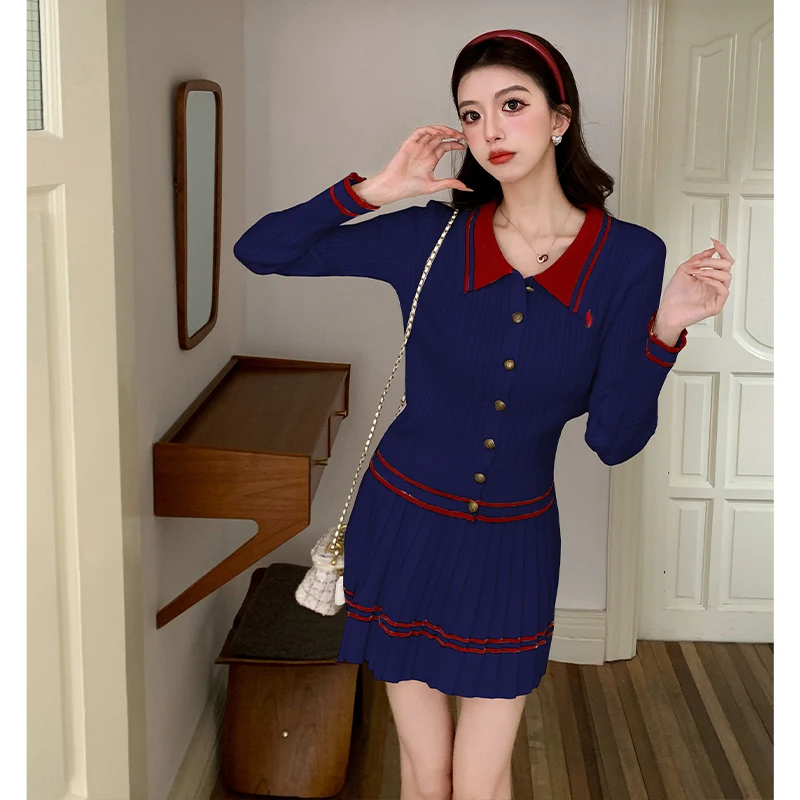 Sweet Autumn Knitted Two Piece Set For Women Elegant Single Breasted Lapel Cardigan Tops + Elastic Waist Mini Pleated Skirt Suit