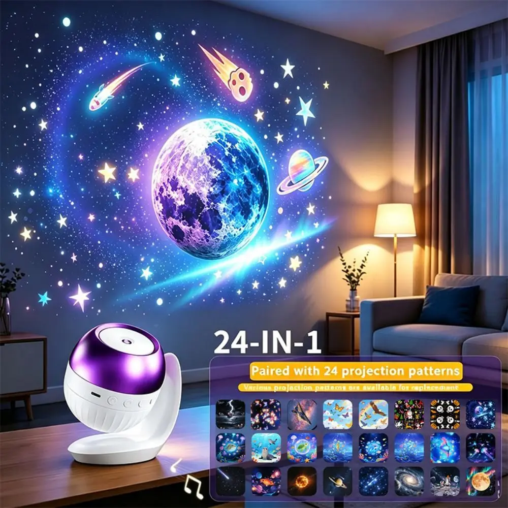 24 Patterns Star Projector Night Light Rotatable Auto Timer Projection Lamp White Noise Starry Ocean Starry Sky Lamp Party Decor