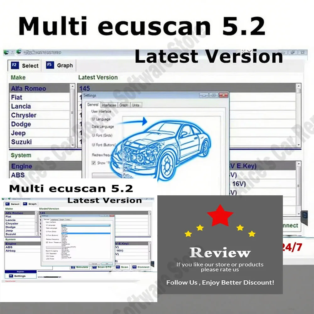 

New MultiEcuScan 5.2 Register Work With ELM327 Latest Version For OBD2 Diagnostic Tools Multiecuscan Software For Car Connector