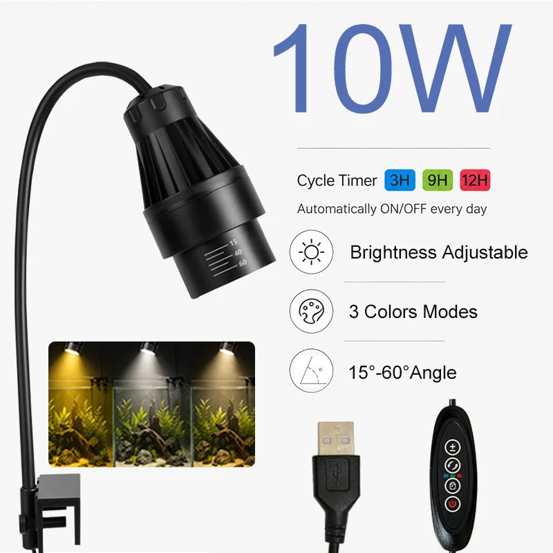 USB-LED-Aquariumstrahler zum Aufstecken, 3 Farben, mit Zyklustimer und Kühlventilator 15 ° -60 ° Einstellbarer Fokus für Aquarium 10W 14W 16W – Detail 8