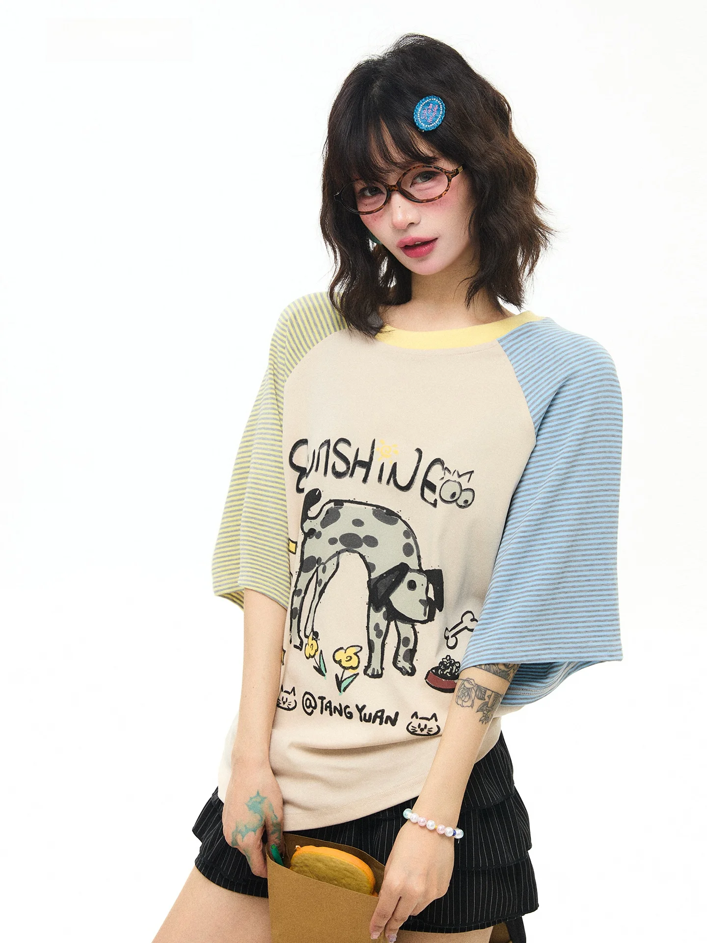 

Футболка Astrsk в корейском стиле с цветными блоками и полосками, женская летняя повседневная свободная футболка в стиле BF, топ с круглым вырезом