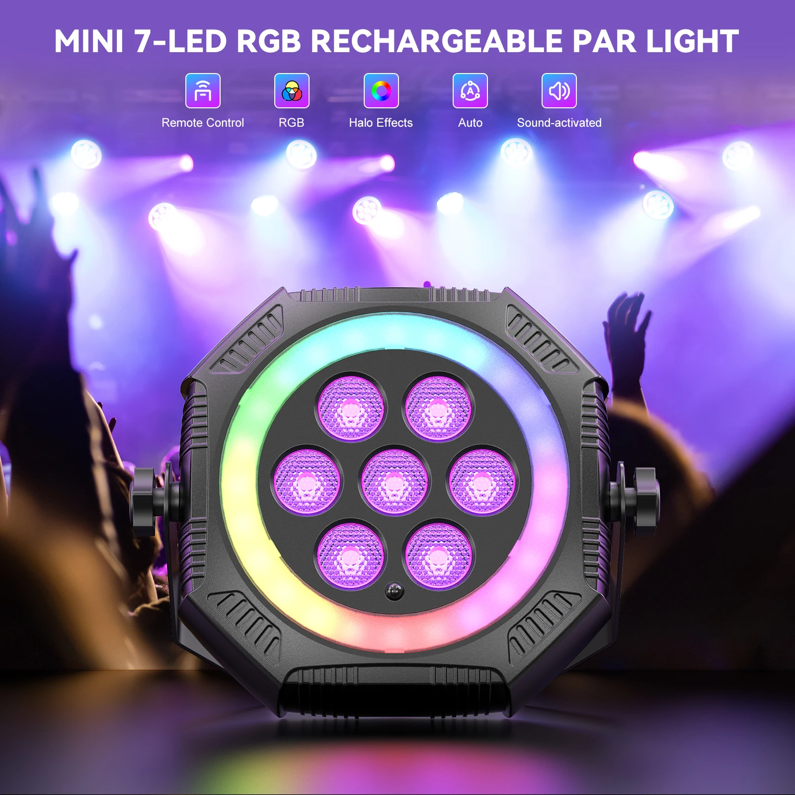 4PCS Mini 7 LED RGB Faretto Par Ricaricabile con Effetti Stroboscopici Attivati dal Suono, Effetti Halo RGB, Luce da Palco per DJ, Discoteca, Feste, Faretto Par LED a Colori Completi