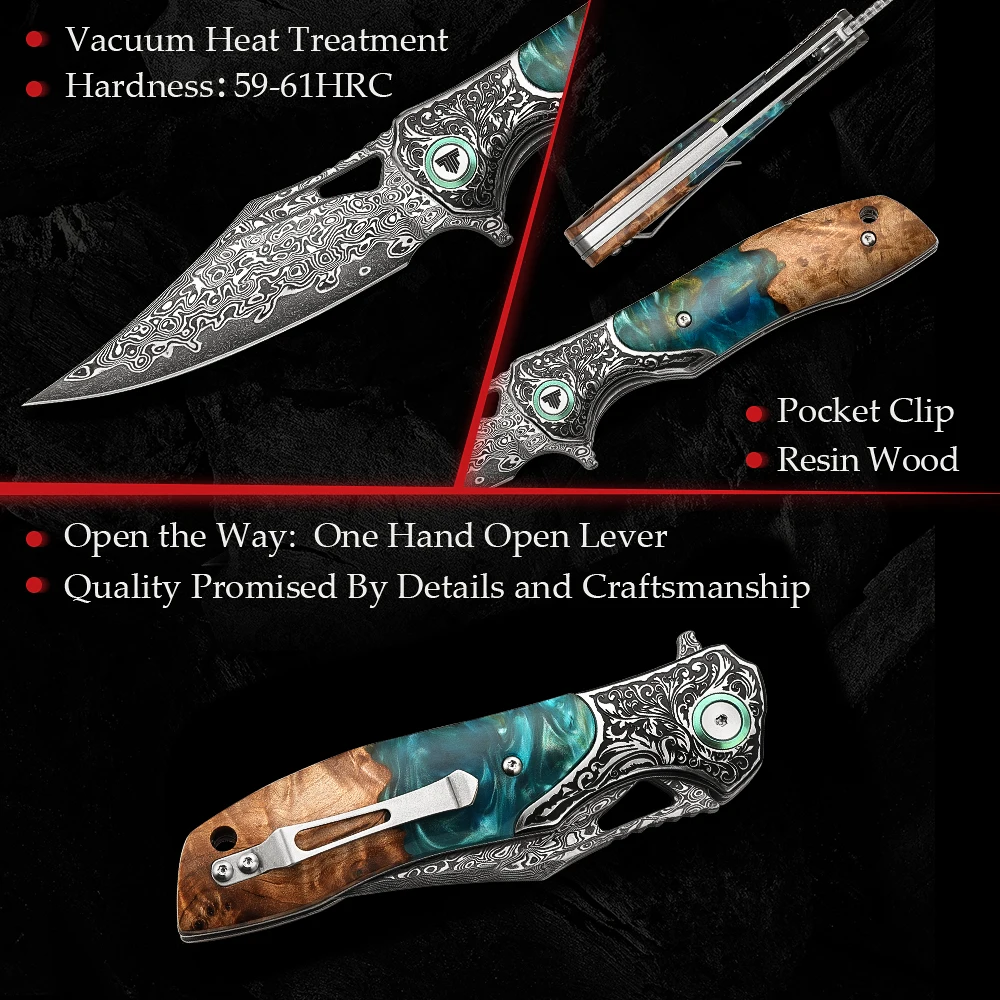 TRIVISA Apus-07C Coltello EDC tascabile pieghevole per uomo, lama in acciaio di Damasco Manico in legno in resina Multiutensile tattico per sopravvivenza all'aperto