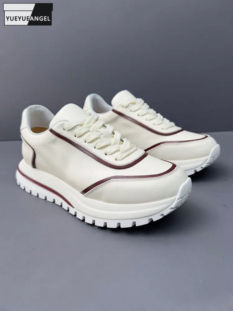 Versatile Fashion Casual Men Horsehide Genuine Leather Color Block Round Toe Breathable Sneakers Lace Up Thick Platform Shoes