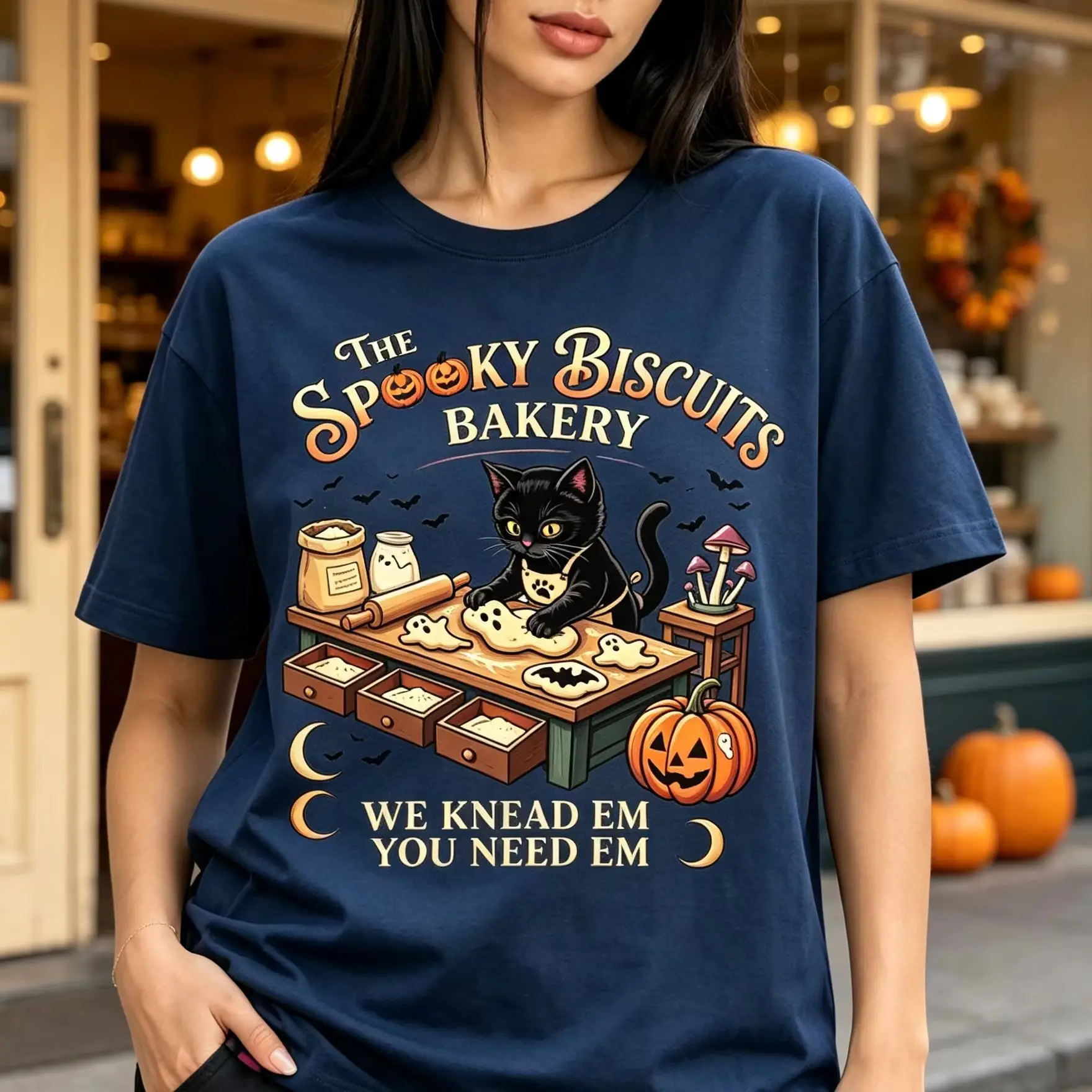 The Spooky Biscuits Bakery Graphic T-Shirt Halloween Black Cat Baking Pumpkin Ghost Cookie Short Sleeve Tee
