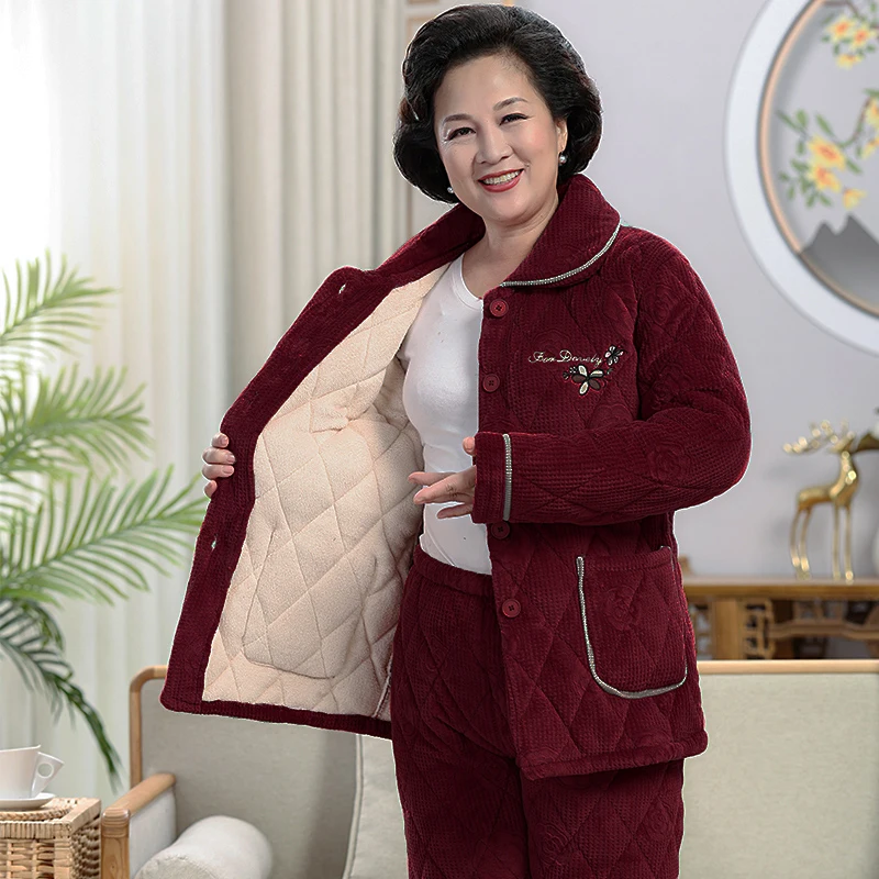 Thickened Coral Fleece Women Pajamas Set Winter Warm Flannel Pijamas Suit Nightwear Loose Turn-down Collar Lounge Wear