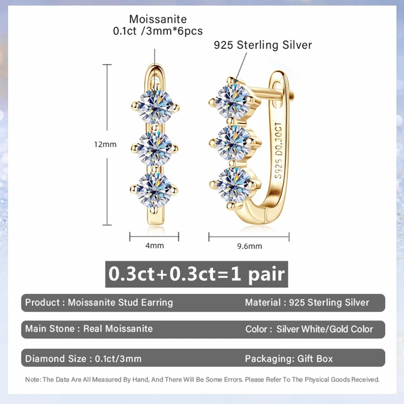 3MM Trendy Moissanite Hoop Earrings For Women Girls 925 Sterling Silver Three Stone Sparkling Diamond Earring Fine Jewelry Gifts