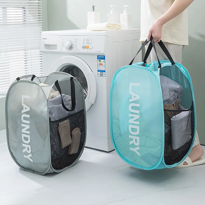Folding Laundry Basket with Handle Clothes Toy Storage Basket Mesh Breathable Household Laundry Hamper Organizer