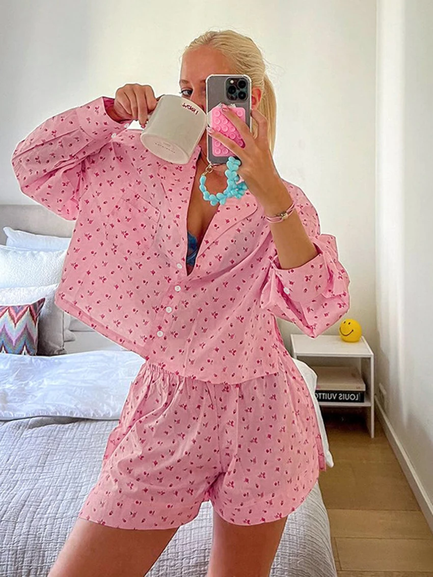 

Marthaqiqi Printing Women Sleepwear Set Long Sleeve Pajama Turn-Down Collar Nightie Crop Top Pyjama Shorts Ladies Nightwear Suit