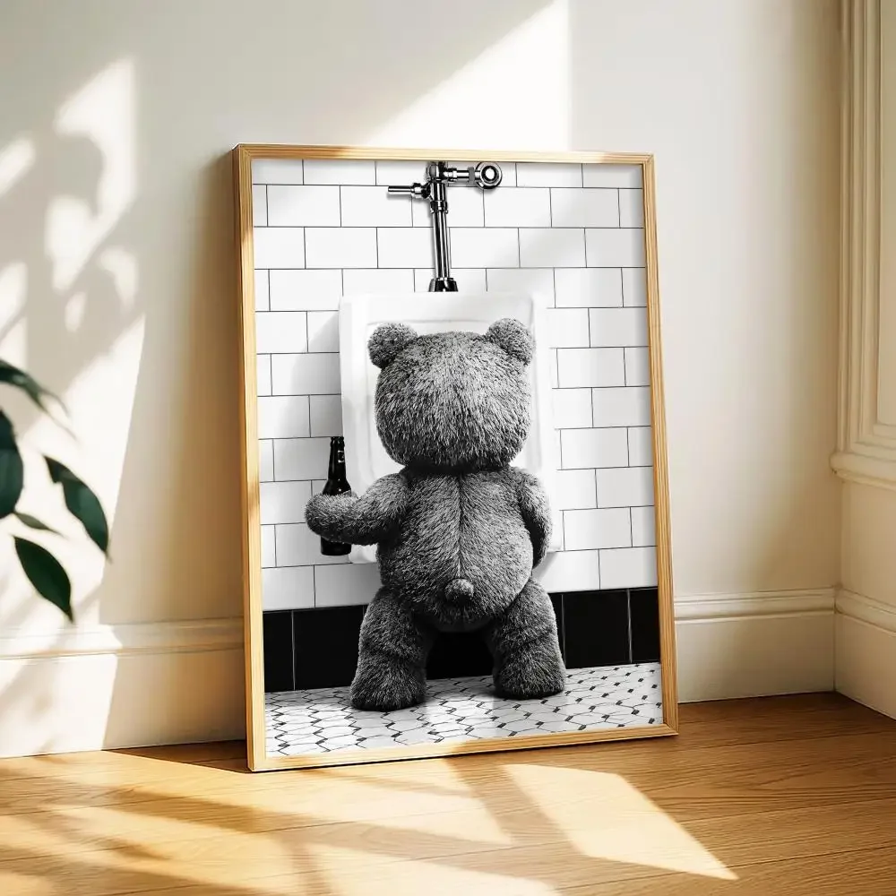 Teddy Bear with Beer in Bathroom Painting Calligraphy Canvas Poster Art for Bedroom Room Home Decor Wall Decoration Decals Gift