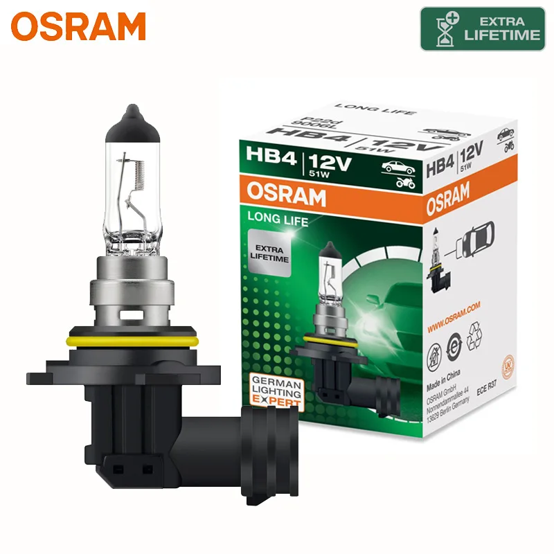 Bombilla Halógena para Auto OSRAM LONG LIFE HB4 9006, Bombilla Original para Automóvil P22d 12V 51W 3200K Blanca, Duradera, Estándar, Luz Alta y Baja 9006L