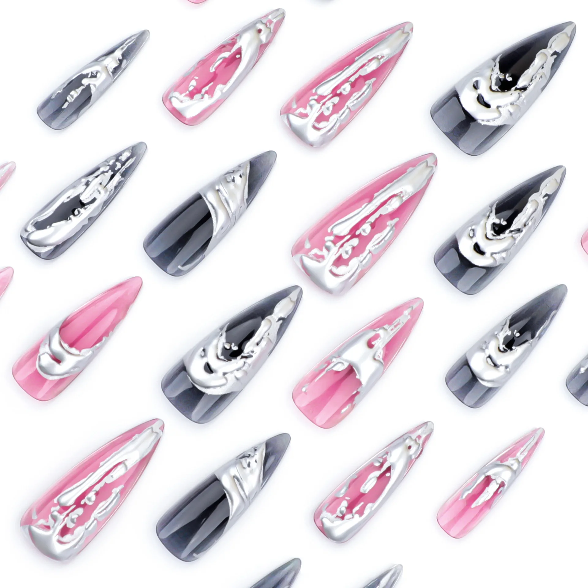 24PCS Stiletto 3D Silver False Nails Cool y2k Nails Black Gradient Fake Nails Charms Designs Finished Long Almond Press On Nails