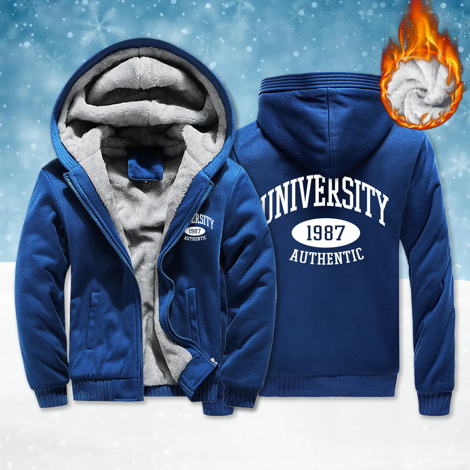 

University 1987 Authentic Print Zipper Thicken Jacket Man Fashion Casual Hoodies Loose Pocket Clothing Winter Street Fleece Top