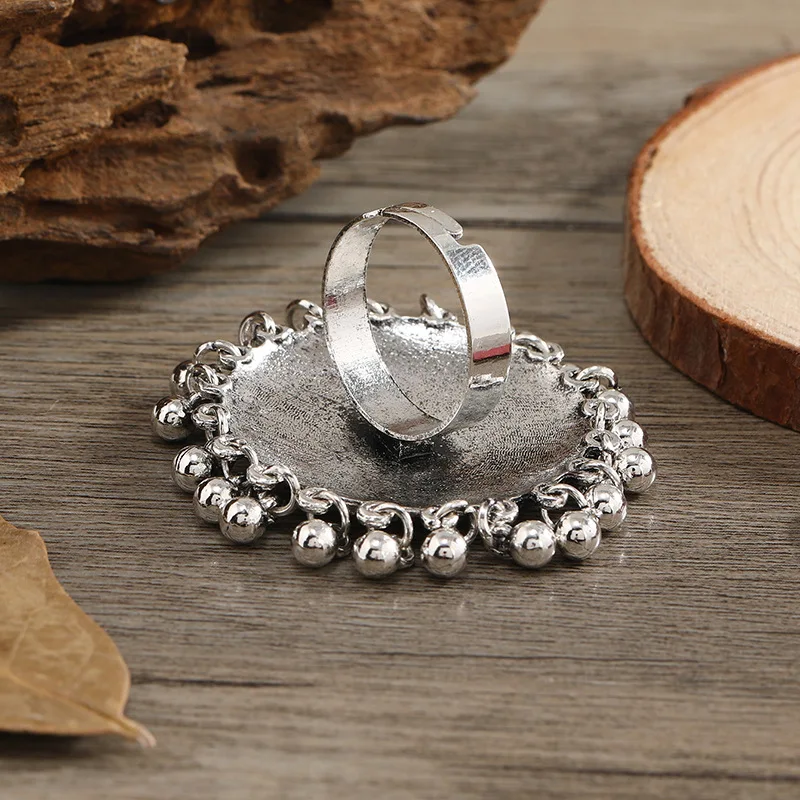 Ethnic Boho Silver Color Round Rings New Vintage Carved Beads Pendant Tassel Geometric Party Jewelry Gifts for Women