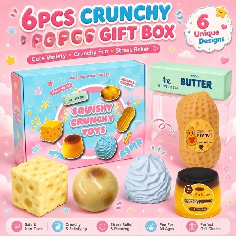 6 PCS Crunchy Squeeze Box, Asmr Filled Stress Ball, Creamy and Cheese Pudding with Peanut Butter and Cheese, Realistic and Soft, Slow Rise, Ideal as a Guest Gift for Adults